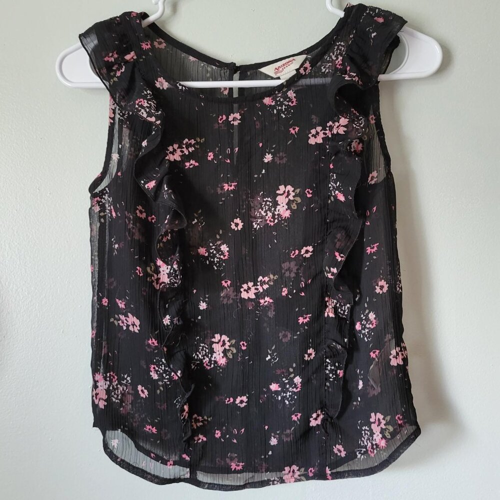 Arizona Jean Co Blouse Women's XS Sheer Black Floral Print Short Sleeve Shirt